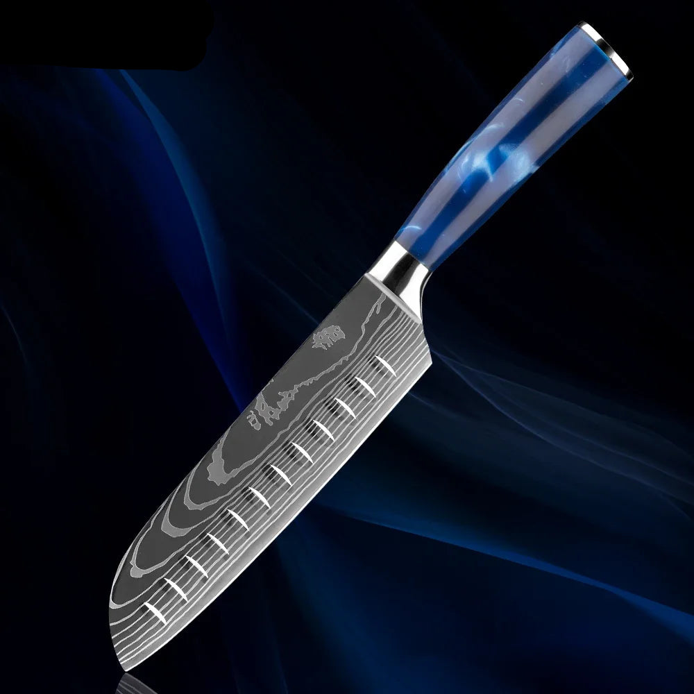 Japanese Knife Set - 1-8 Piece Stainless Steel Kitchen Knives with Blue Resin Handle