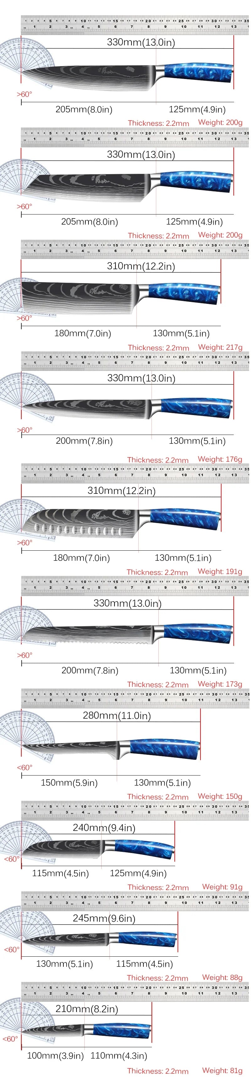 Japanese Knife Set - Damascus Pattern Stainless Steel Kitchen Knives