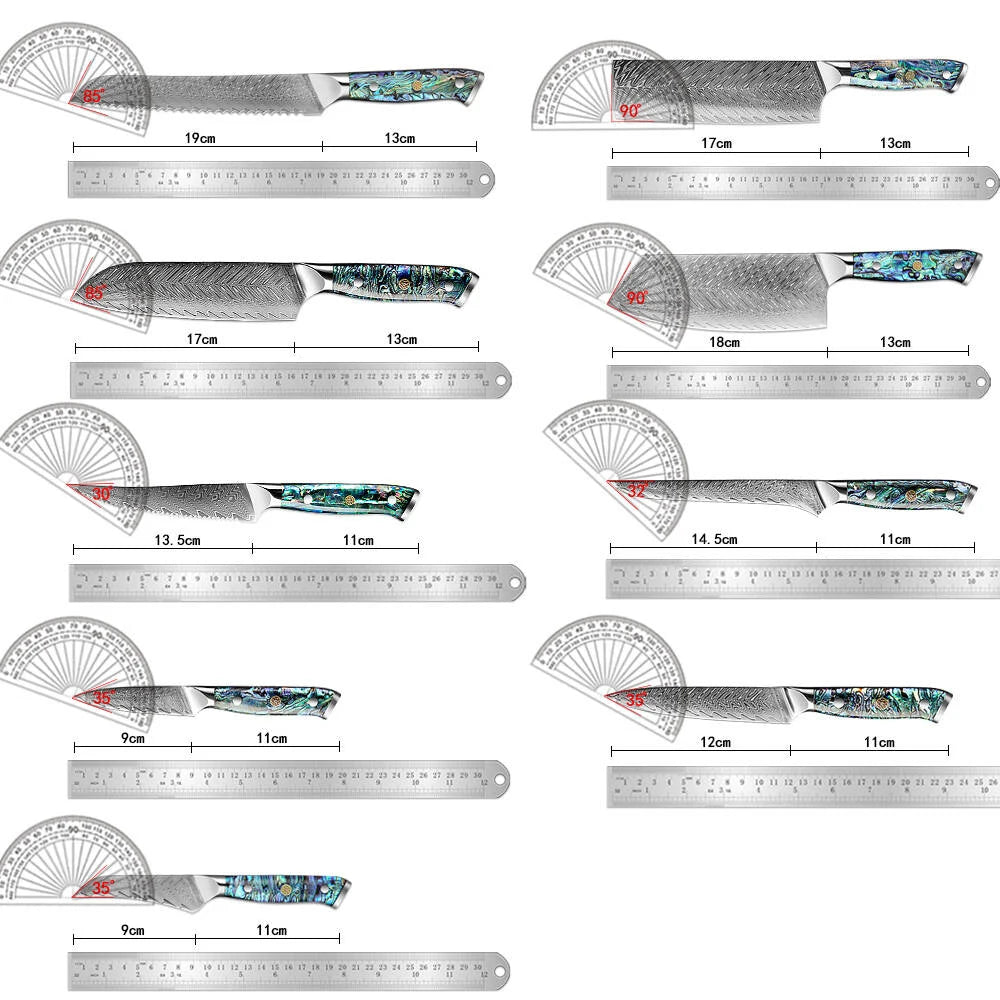 Japanese Knife Set - Damascus Steel Chef, Cleaver & Boning Knives with Abalone Shell Handle