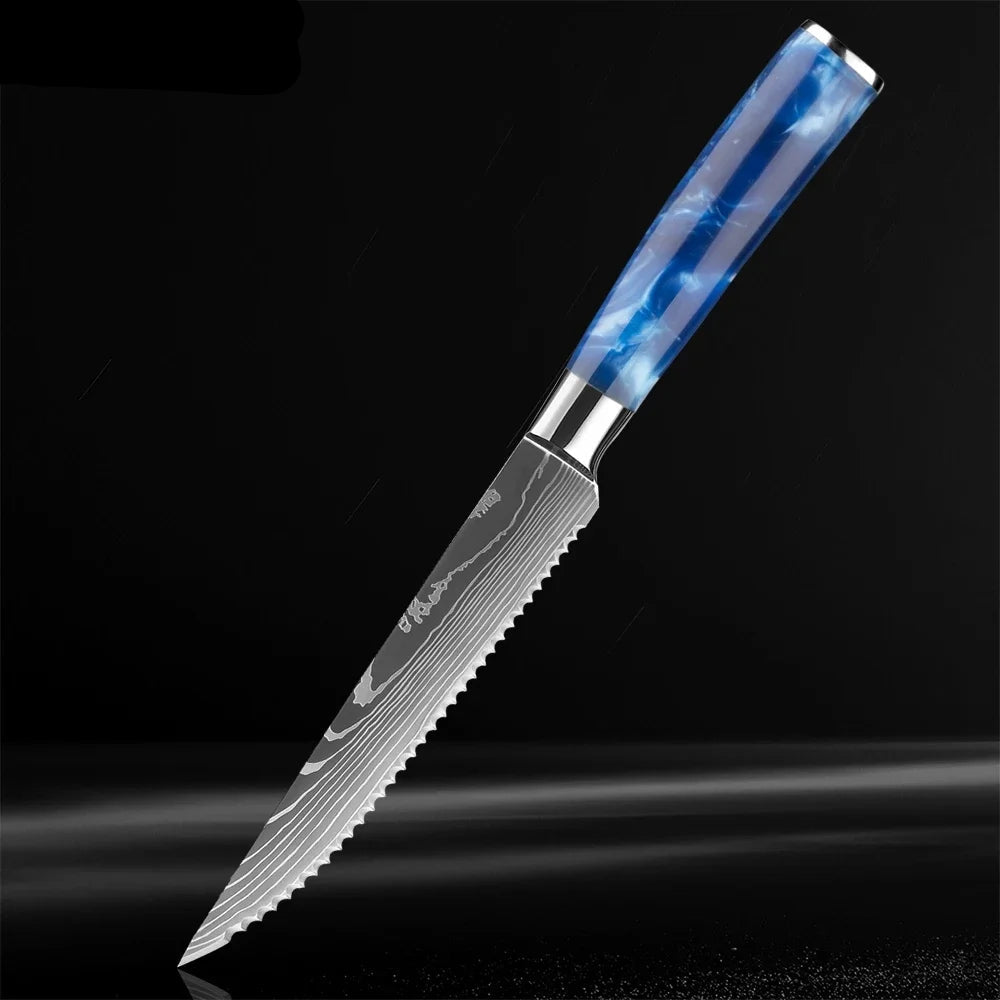 Japanese Knife Set - 1-8 Piece Stainless Steel Kitchen Knives with Blue Resin Handle