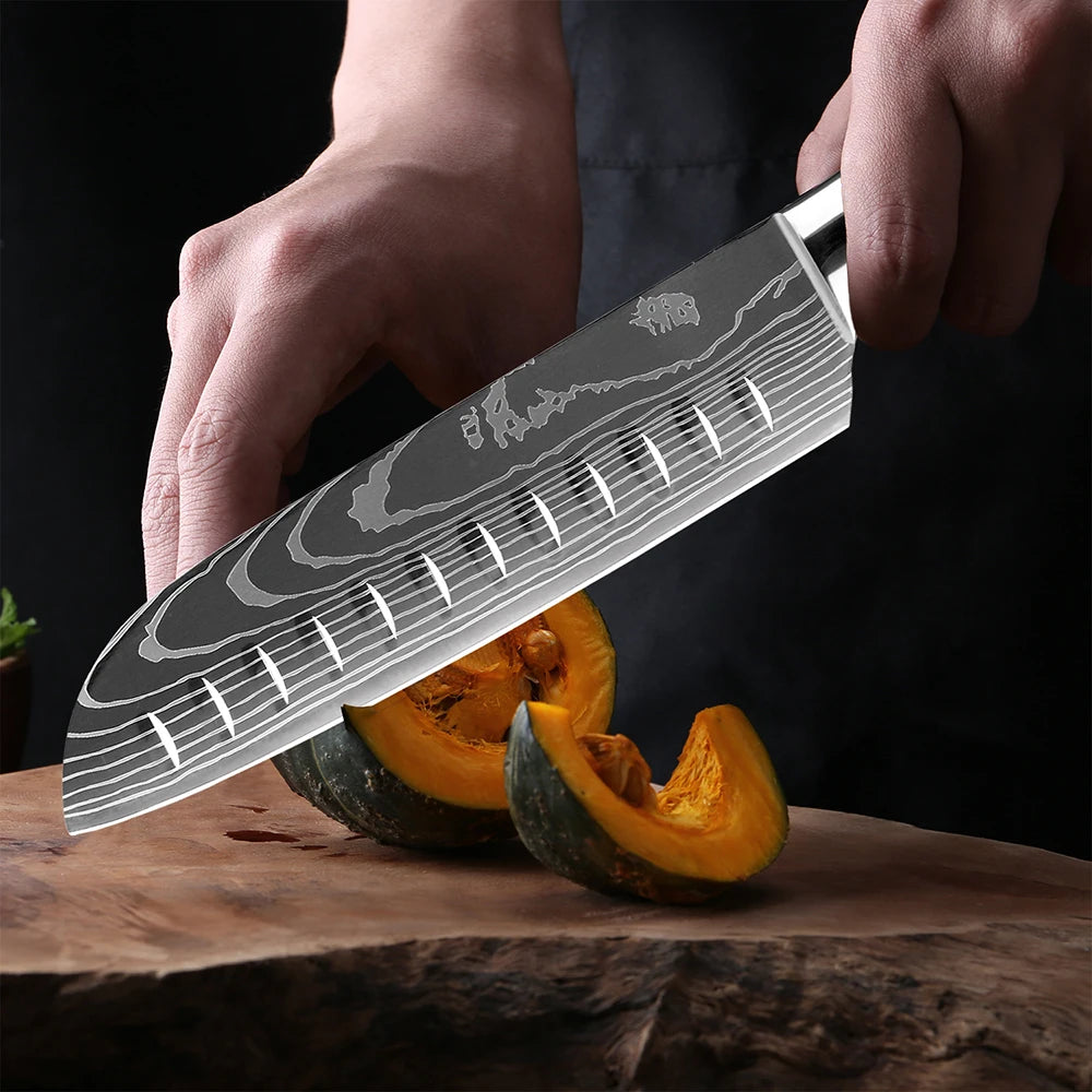 XITUO Japanese Knife Set - 6-Piece Stainless Steel with Laser Pattern Blades and Blue Resin Handles