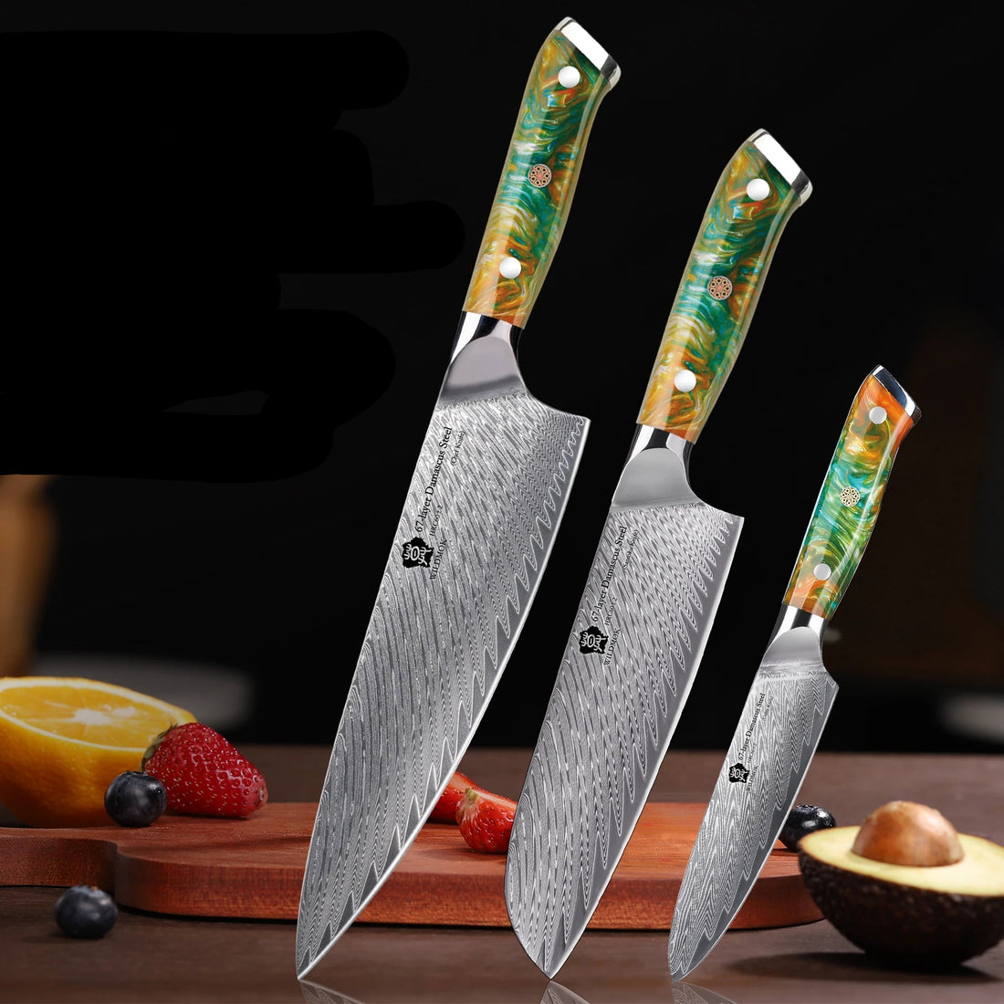 WILDMOK Japanese Knife Set - 3 Pcs Damascus VG10 Steel Chef Knives