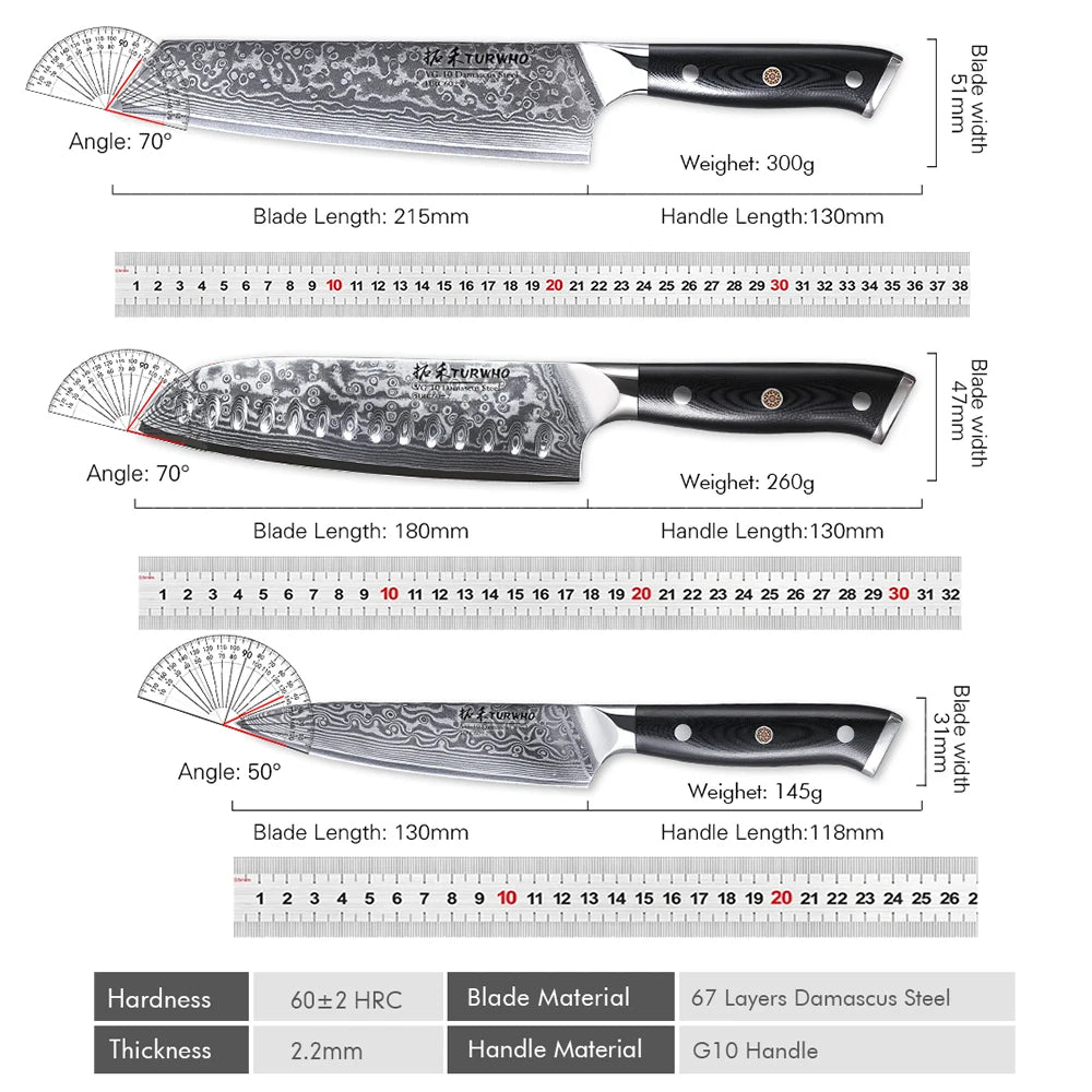 TURWHO Japanese Knife Set - Professional Utility, Santoku & Kiritsuke in Gift Box