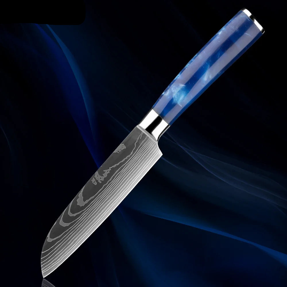 Japanese Knife Set - 1-8 Piece Stainless Steel Kitchen Knives with Blue Resin Handle
