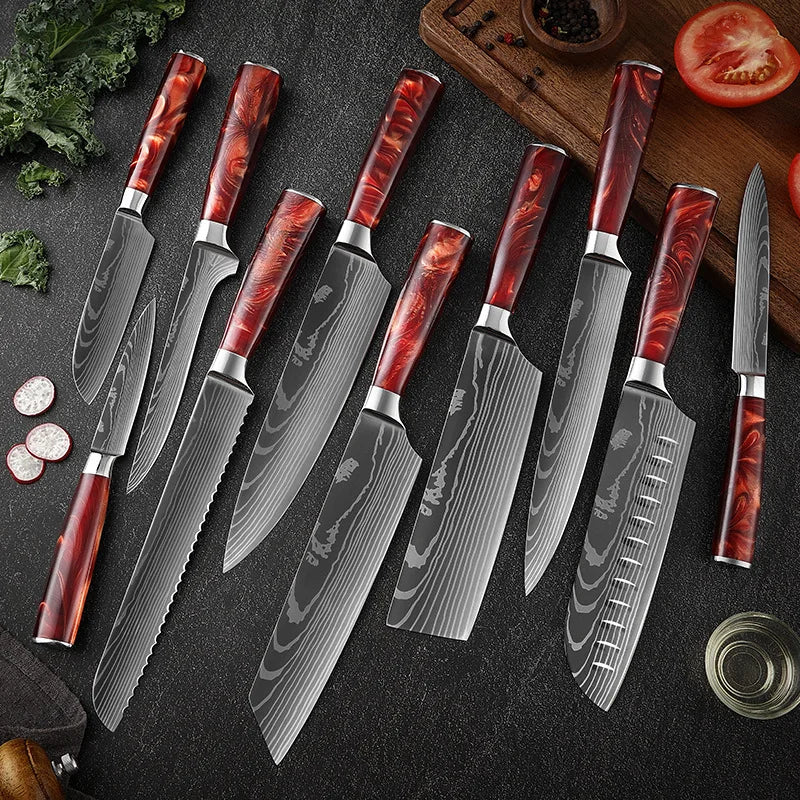 Japanese Santoku Knife Set - 10-Piece Damascus Pattern Kitchen Knives
