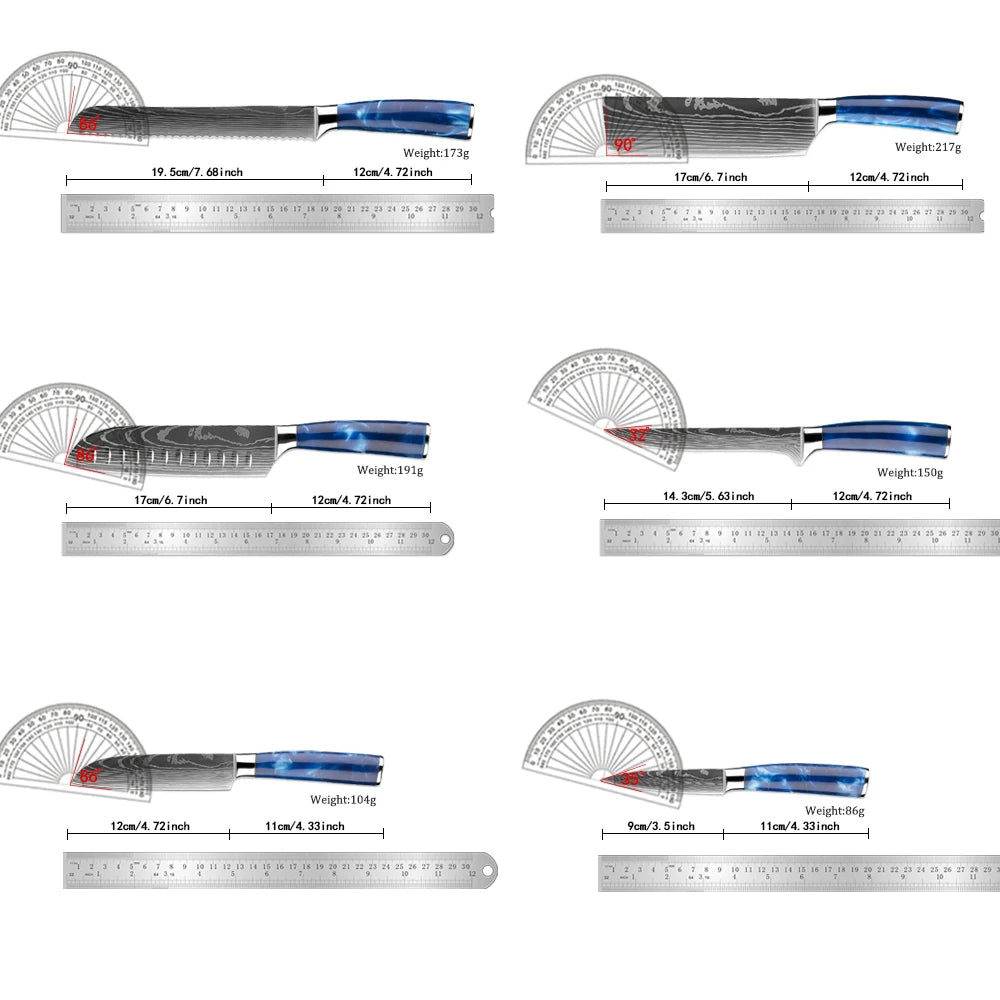 XITUO Japanese Knife Set - 6-Piece Stainless Steel with Laser Pattern Blades and Blue Resin Handles