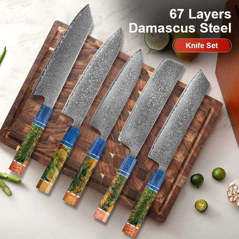 Japanese Knife Set - VG10 Damascus Steel Chef, Santoku, Nakiri & Kiritsuke Knives with Wood Handle