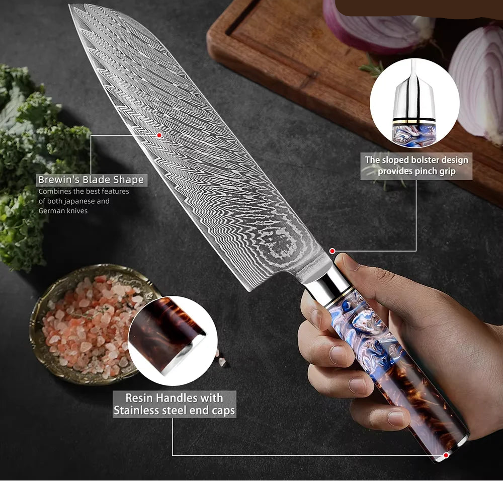 7PCS Japanese Knife Set with Sea Blue Resin Wood Handle