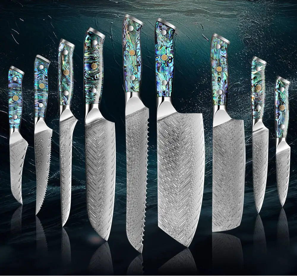 Japanese Knife Set - Damascus Steel Chef, Cleaver & Boning Knives with Abalone Shell Handle