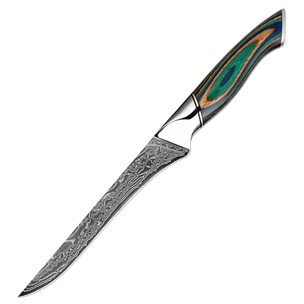 Japanese Knife 7-Piece Damascus Steel Set with Green Wood Handles