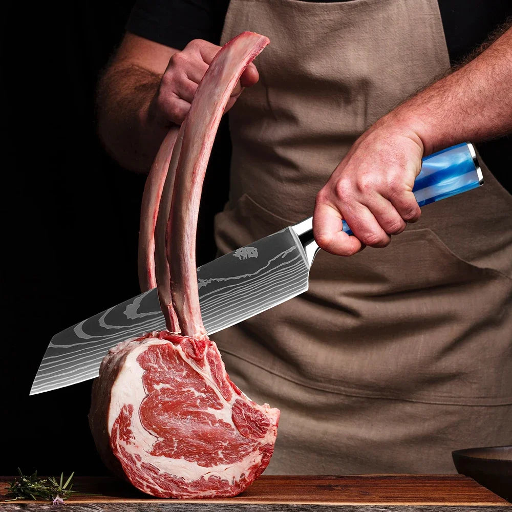 Japanese Knife Set - 1-8 Piece Stainless Steel Kitchen Knives with Blue Resin Handle