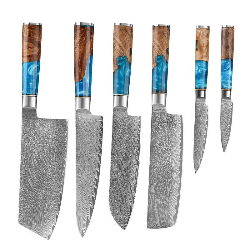 Japanese Damascus Steel Knife Set with Blue Resin Handles