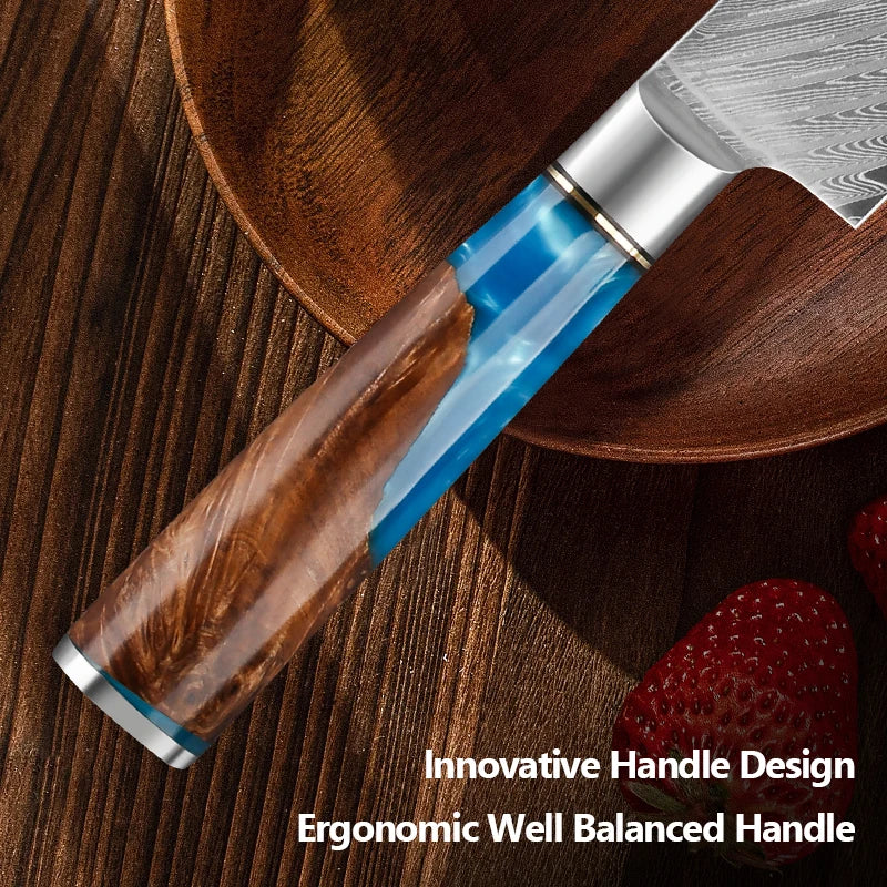 Japanese Damascus Steel Knife Set with Blue Resin Handles