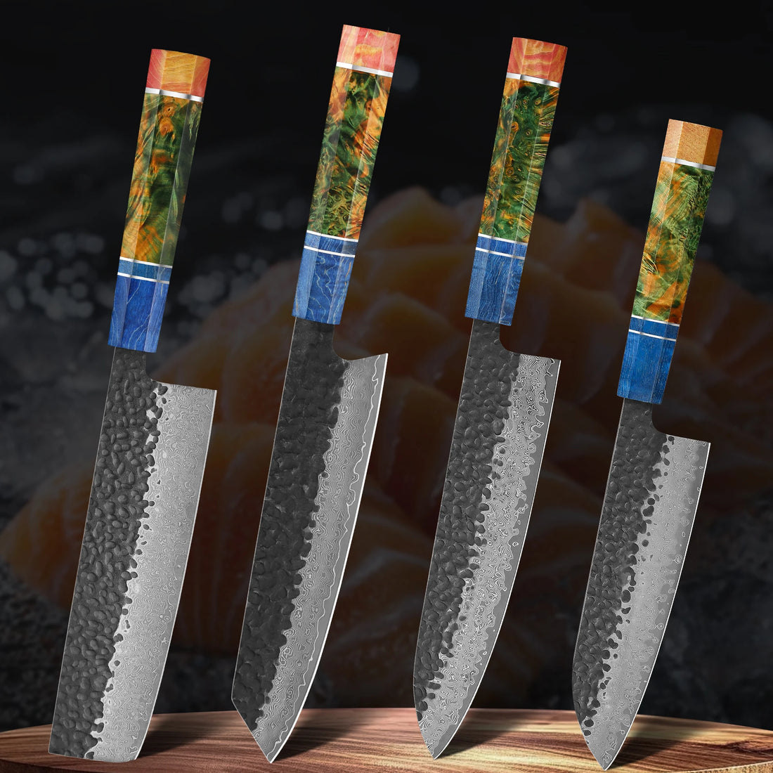 Japanese Knife Set - 4 PCS VG10 Damascus Chef, Kiritsuke, Nakiri & Santoku Knives