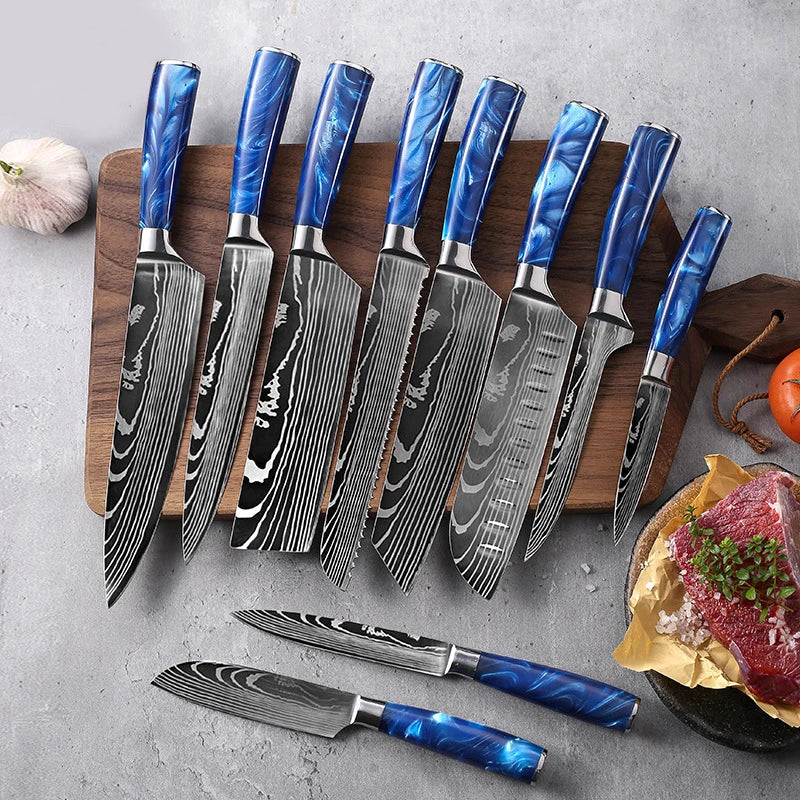 Japanese Knife Set - Damascus Pattern Stainless Steel Kitchen Knives