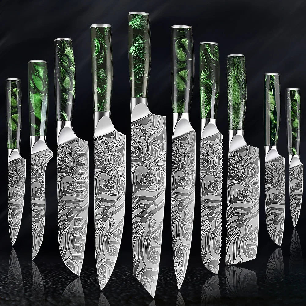 Japanese Santoku Knife Set - 10-Piece Damascus Pattern Kitchen Knives