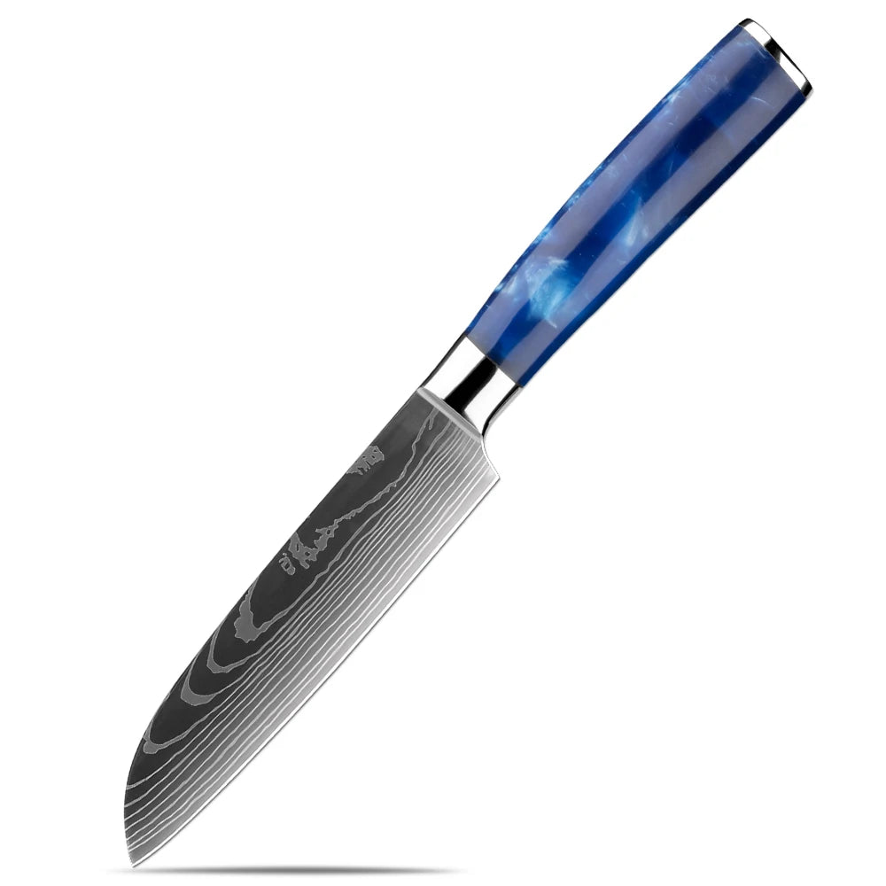 XITUO Japanese Knife Set - 6-Piece Stainless Steel with Laser Pattern Blades and Blue Resin Handles