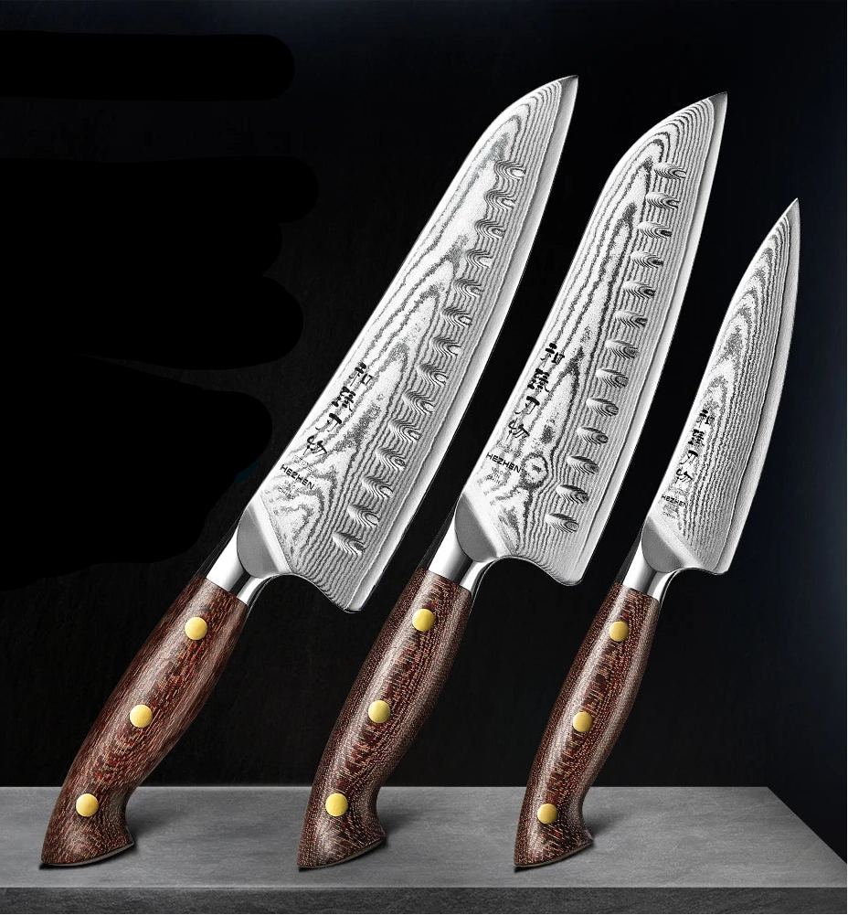 HEZHEN Japanese Knife Set - 3PC Damascus Steel with Micarta Handles