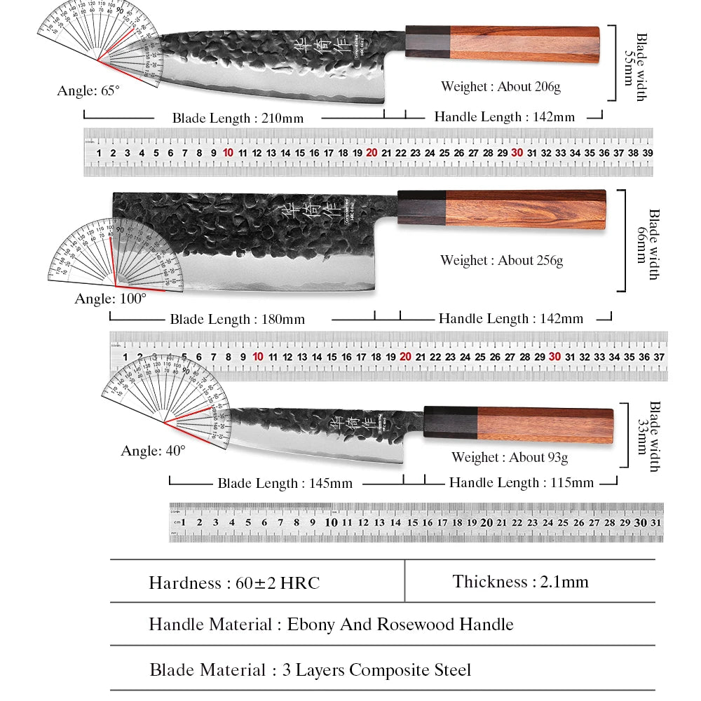 Japanese Knife Set - Professional 3-Piece Chef, Nakiri & Utility Knives