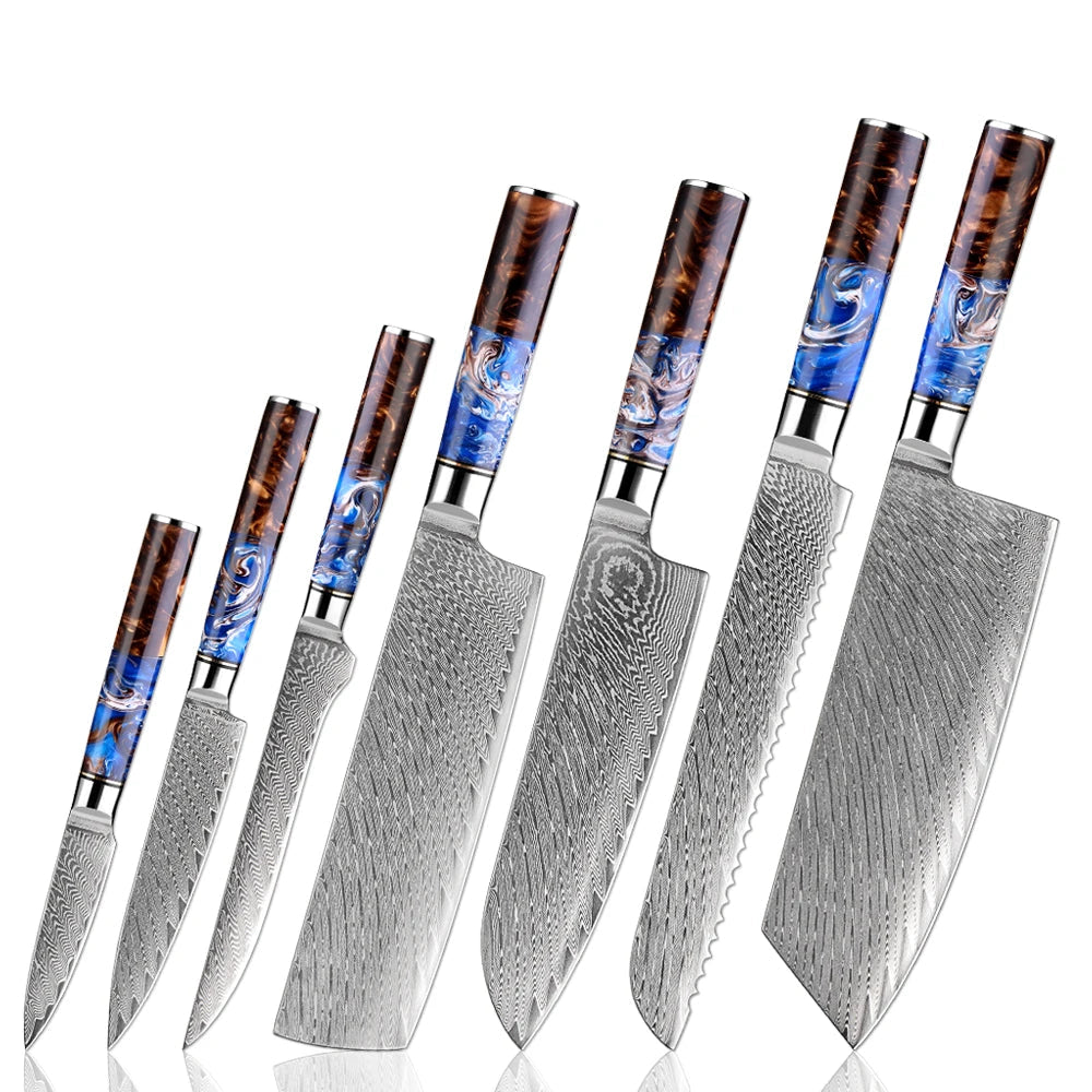 XITUO 7PCS Japanese Knife Set - Damascus Steel Chefs Knives with Resin Handle