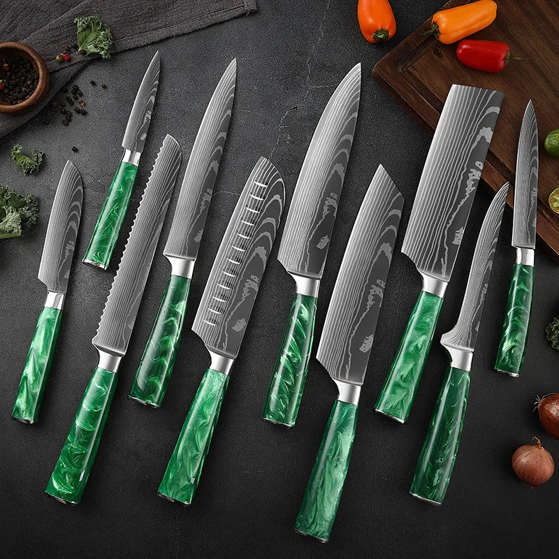 Japanese Santoku Knife Set - 10-Piece Damascus Pattern Kitchen Knives