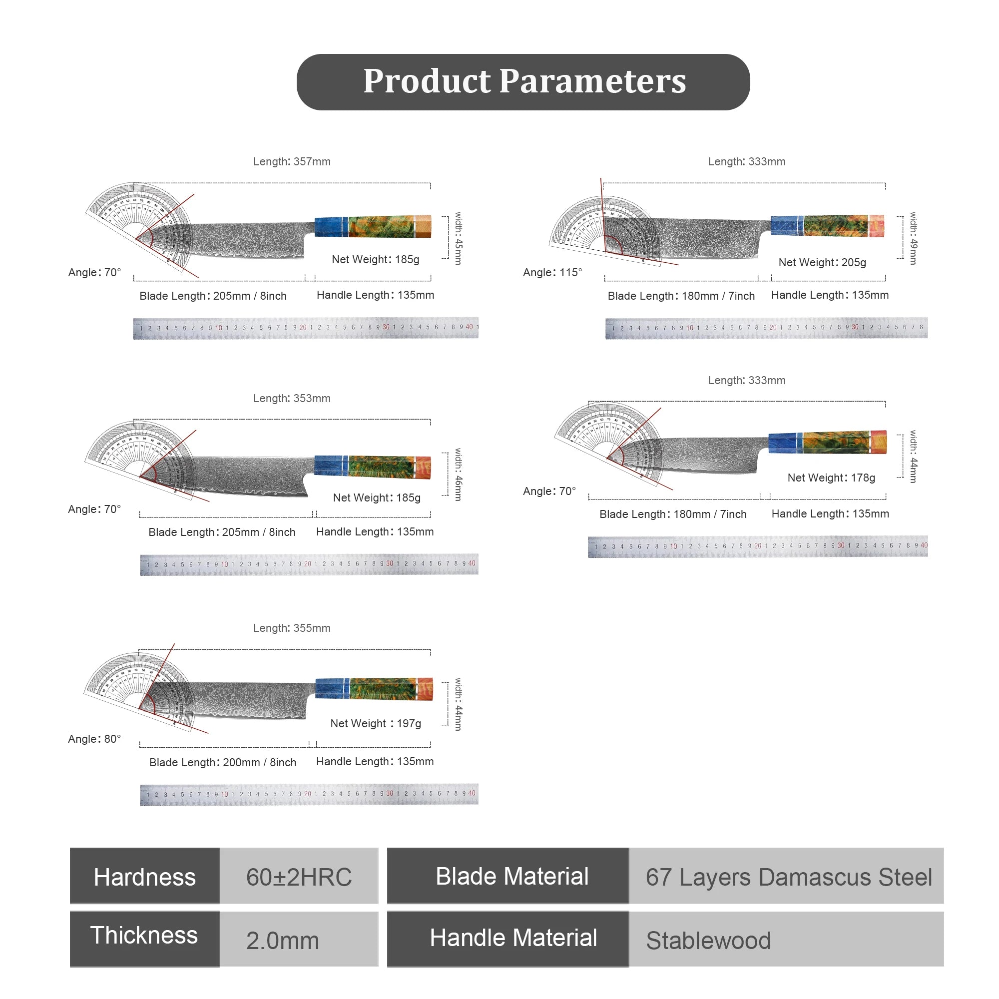 Japanese Knife Set - VG10 Damascus Steel Chef, Santoku, Nakiri & Kiritsuke Knives with Wood Handle