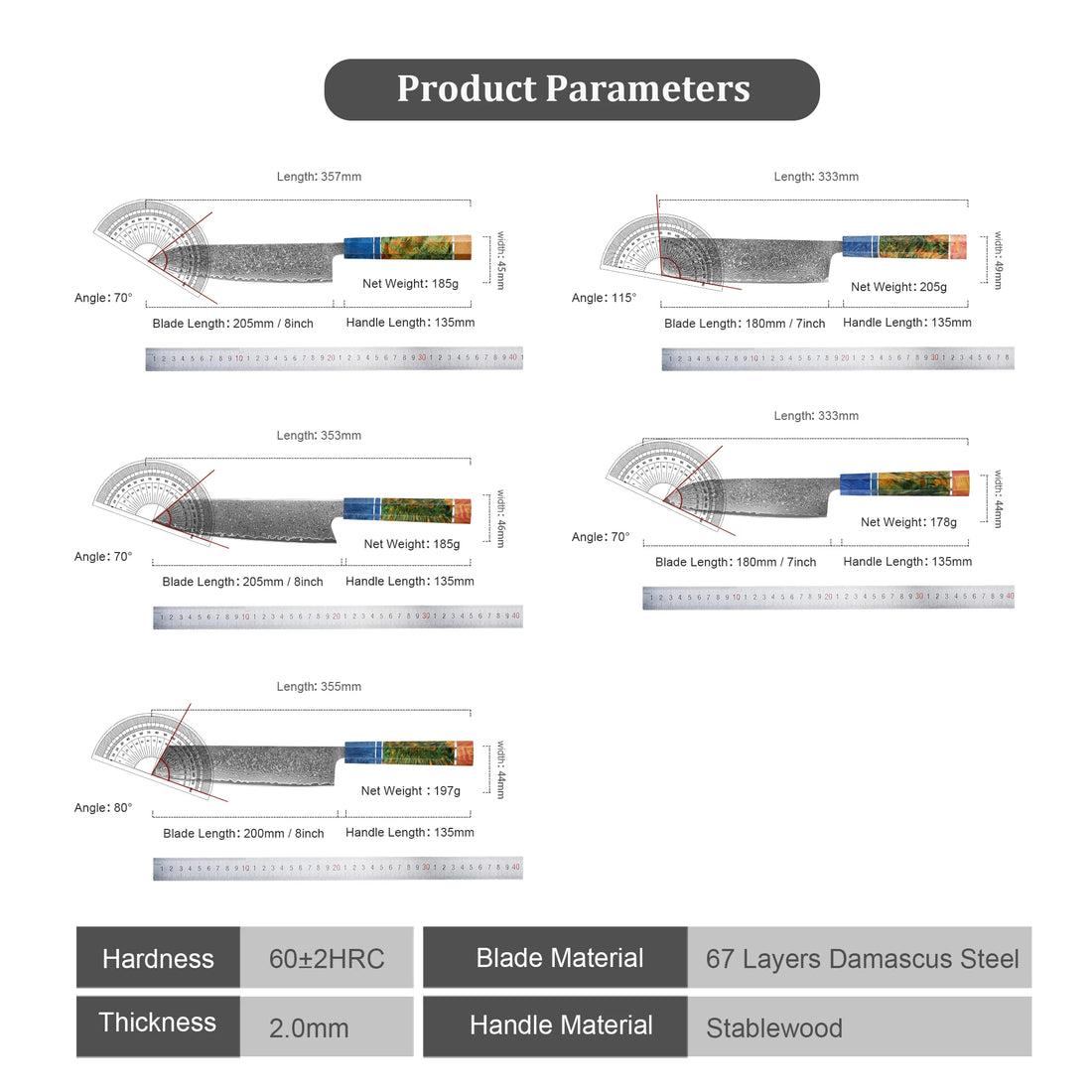 Japanese Knife Set - VG10 Damascus Steel Chef, Santoku, Nakiri & Kiritsuke Knives with Wood Handle