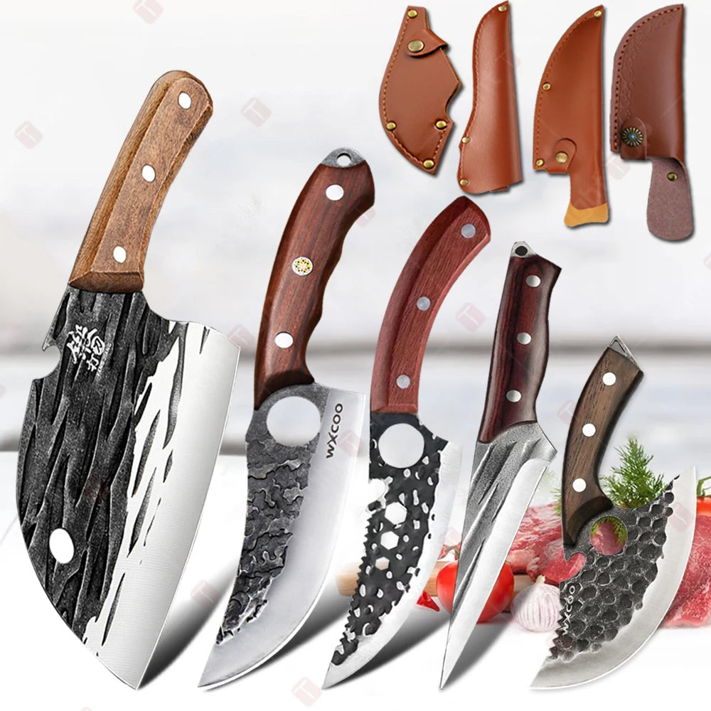 5-Piece Hand-Forged Japanese Knife Set with Wooden Handle