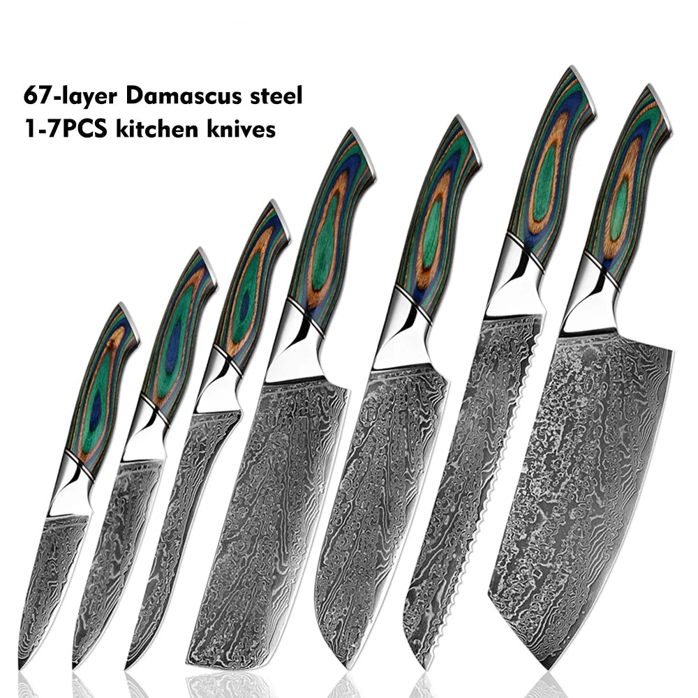 Japanese Knife 7-Piece Damascus Steel Set with Green Wood Handles