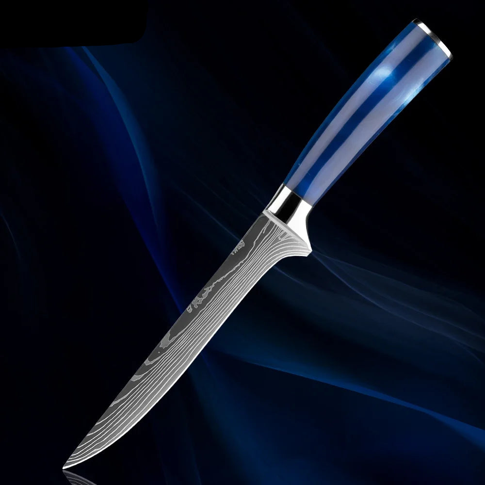 Japanese Knife Set - 1-8 Piece Stainless Steel Kitchen Knives with Blue Resin Handle