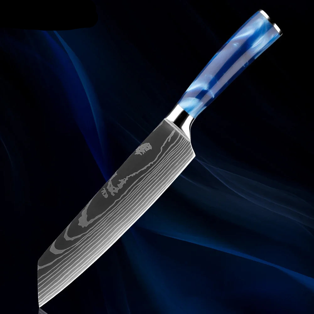 Japanese Knife Set - 1-8 Piece Stainless Steel Kitchen Knives with Blue Resin Handle