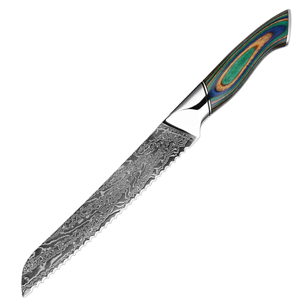 Japanese Knife 7-Piece Damascus Steel Set with Green Wood Handles