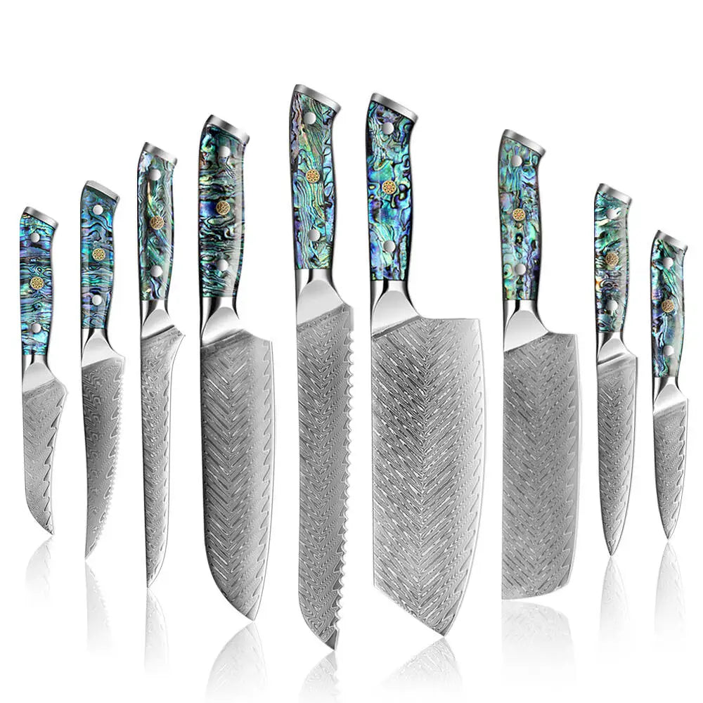 Japanese Knife Set - Damascus Steel Chef, Cleaver & Boning Knives with Abalone Shell Handle