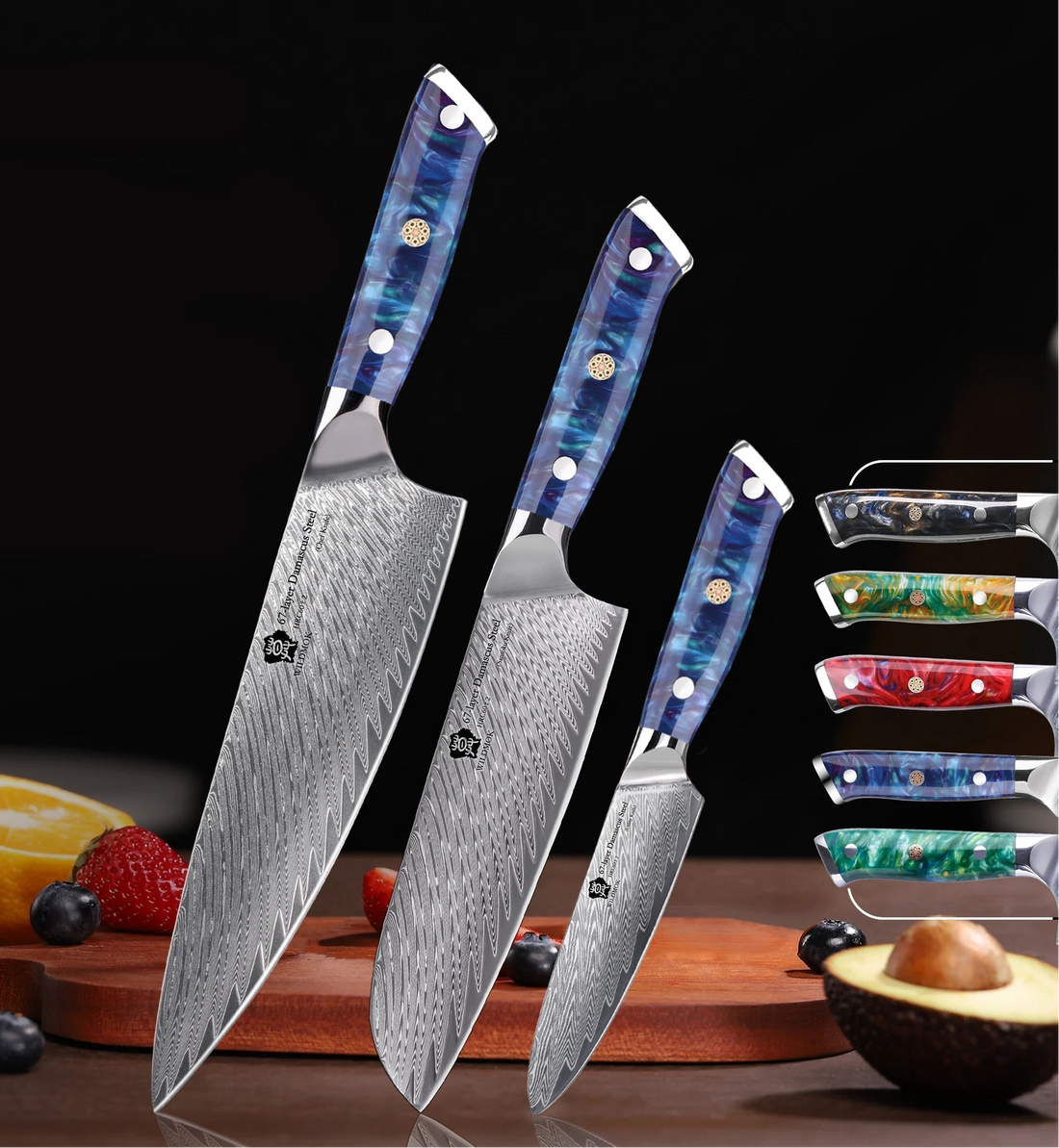 WILDMOK Japanese Knife Set - 3 Pcs Damascus VG10 Steel Chef Knives
