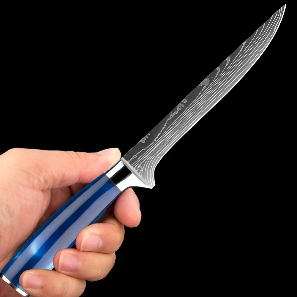 Japanese Knife Set - 1-8 Piece Stainless Steel Kitchen Knives with Blue Resin Handle