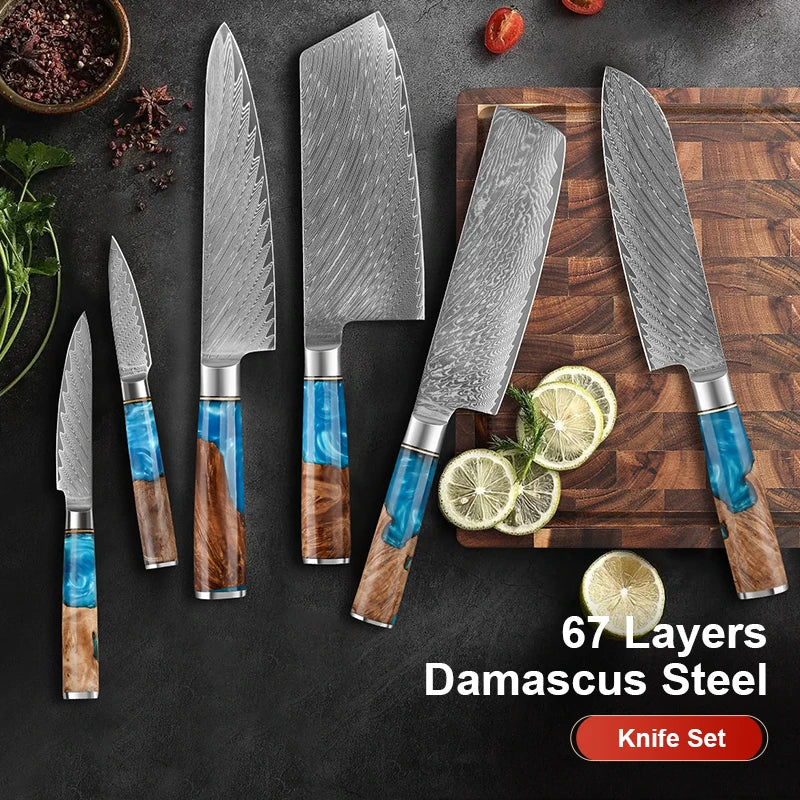Japanese Damascus Steel Knife Set with Blue Resin Handles