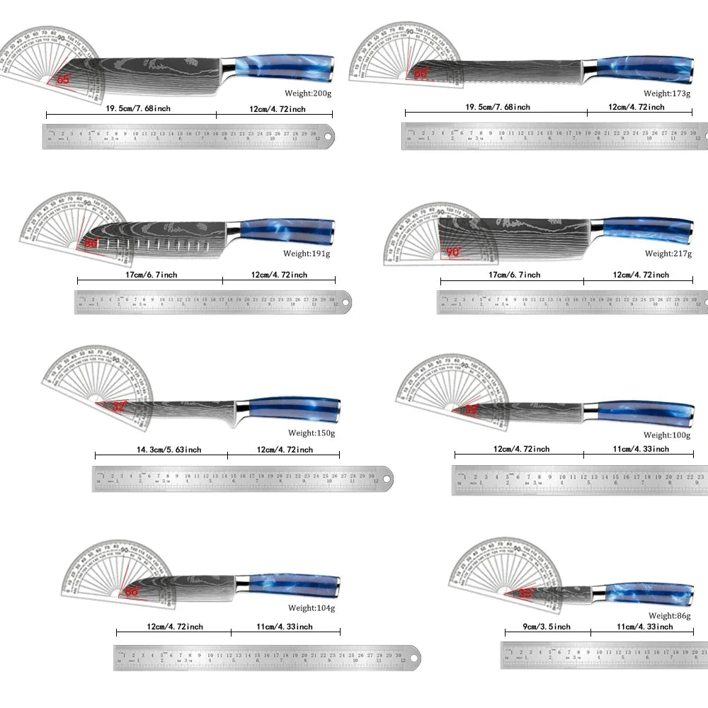 Japanese Knife Set - 1-8 Piece Stainless Steel Kitchen Knives with Blue Resin Handle