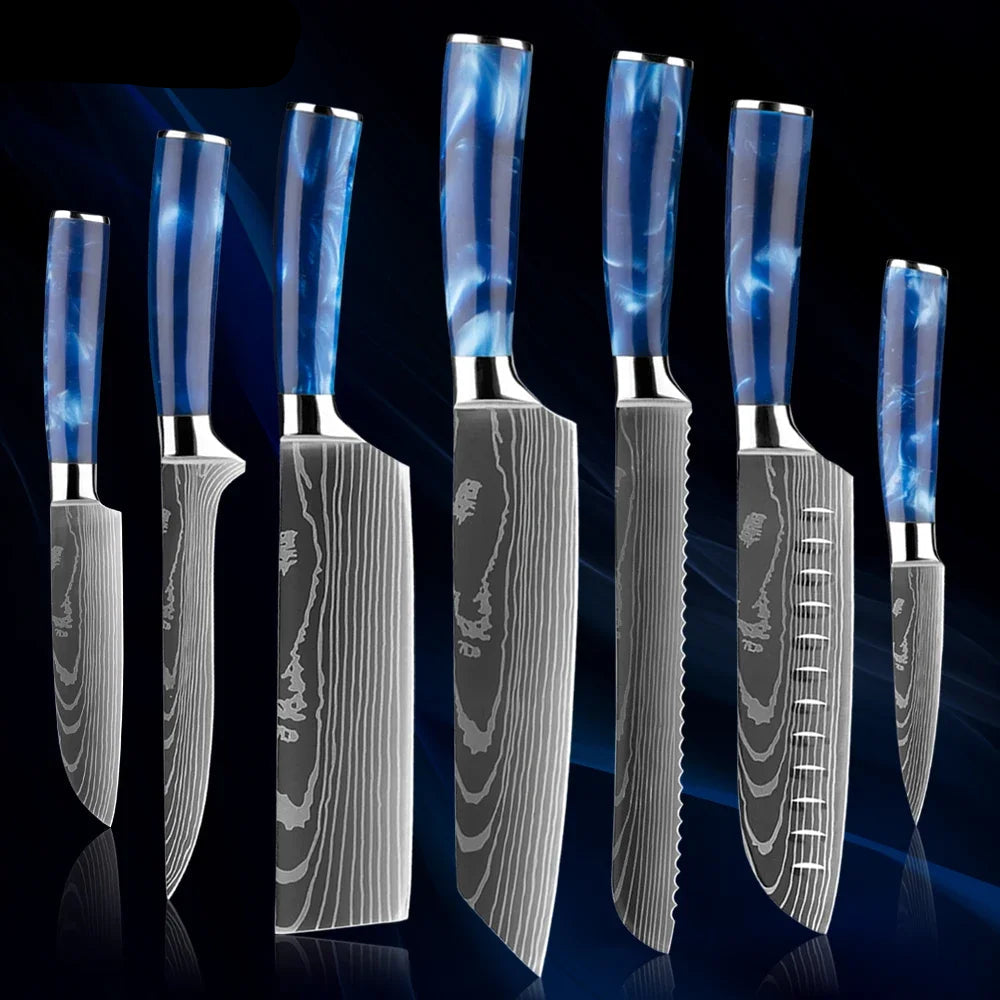 Japanese Knife Set - 1-8 Piece Stainless Steel Kitchen Knives with Blue Resin Handle