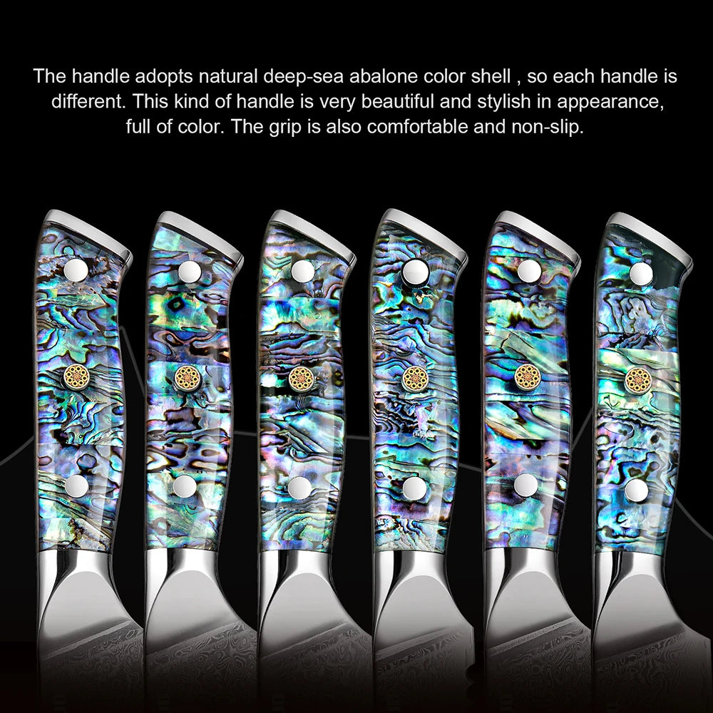 Japanese Knife Set - Damascus Steel Chef, Cleaver & Boning Knives with Abalone Shell Handle
