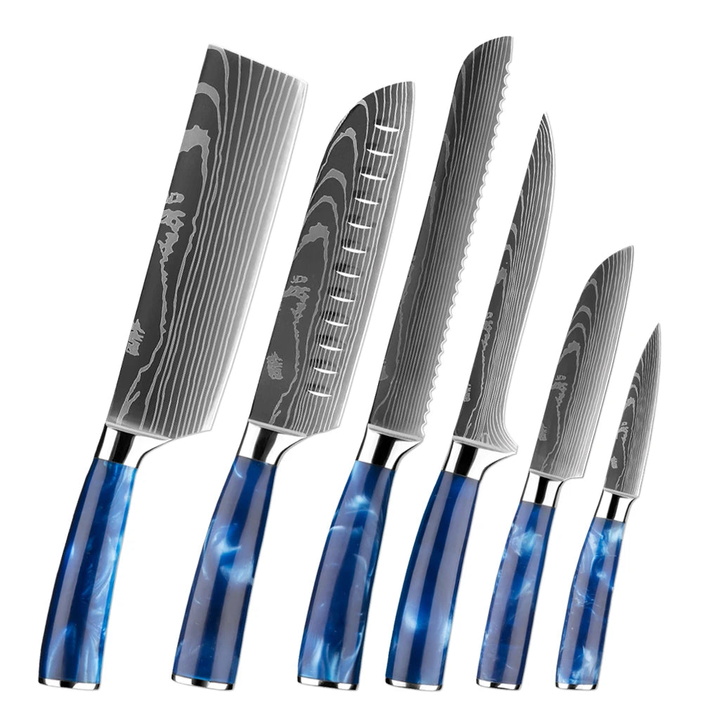 XITUO Japanese Knife Set - 6-Piece Stainless Steel with Laser Pattern Blades and Blue Resin Handles