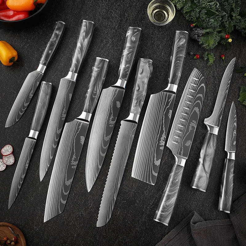 Japanese Santoku Knife Set - 10-Piece Damascus Pattern Kitchen Knives
