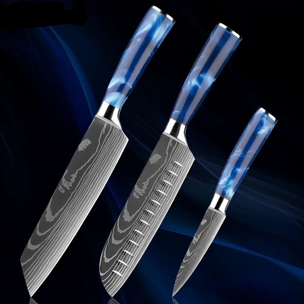 Japanese Knife Set - 1-8 Piece Stainless Steel Kitchen Knives with Blue Resin Handle