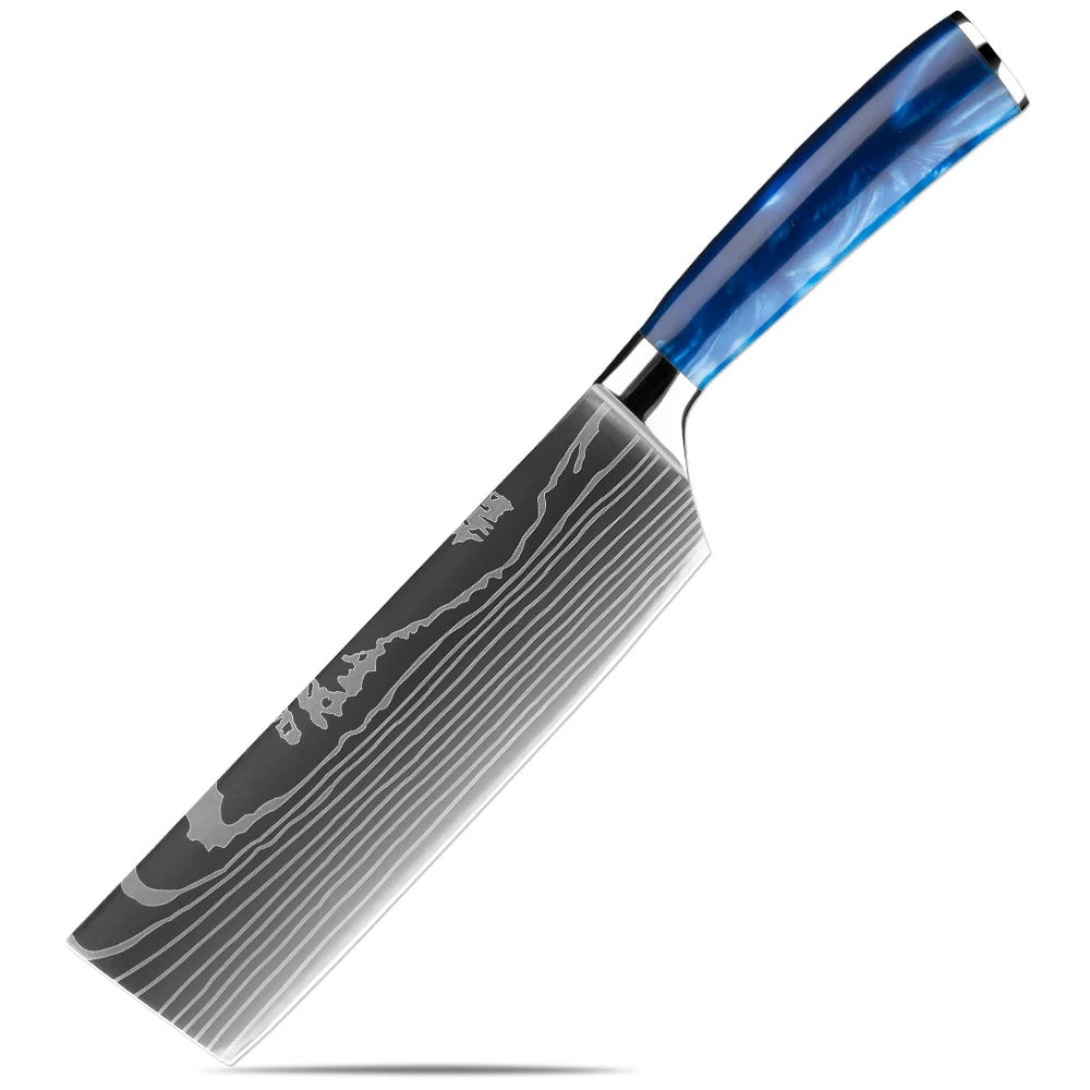 XITUO Japanese Knife Set - 6-Piece Stainless Steel with Laser Pattern Blades and Blue Resin Handles