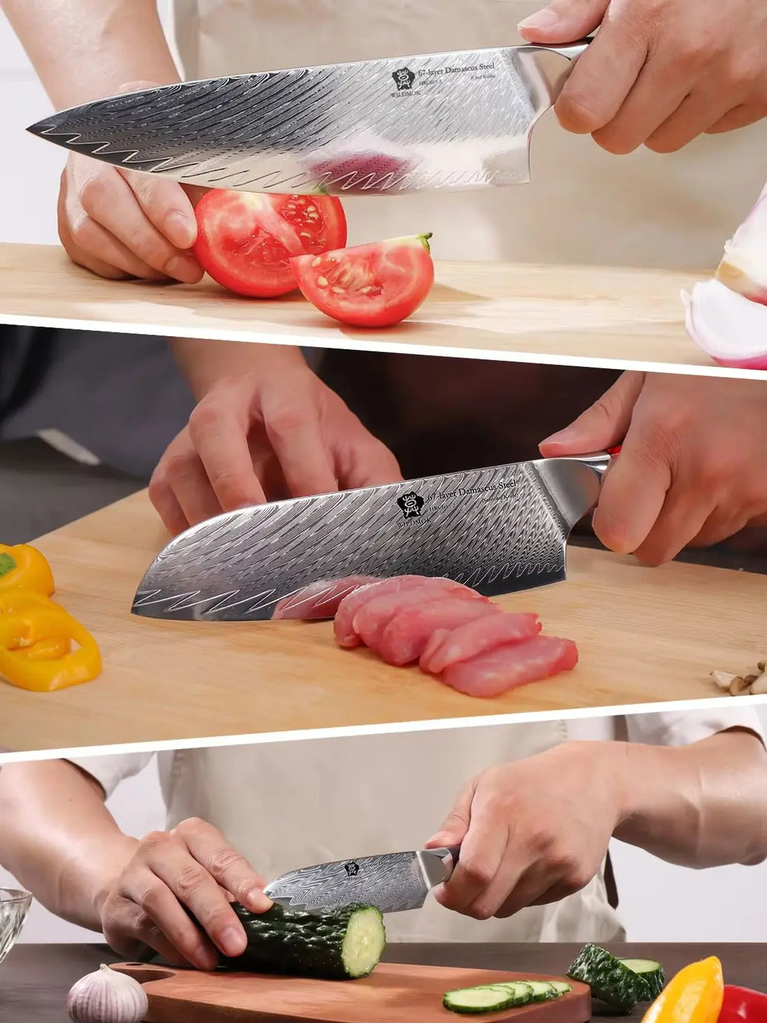 WILDMOK Japanese Knife Set - 3 Pcs Damascus VG10 Steel Chef Knives