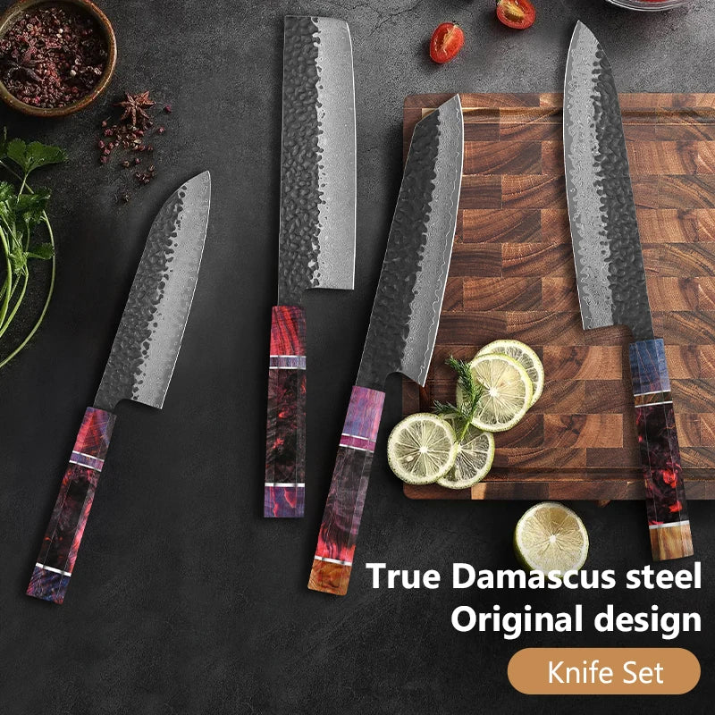 Japanese Knife Set - 4-Piece VG10 Damascus Steel Chef Knives with Stable Wood Handles