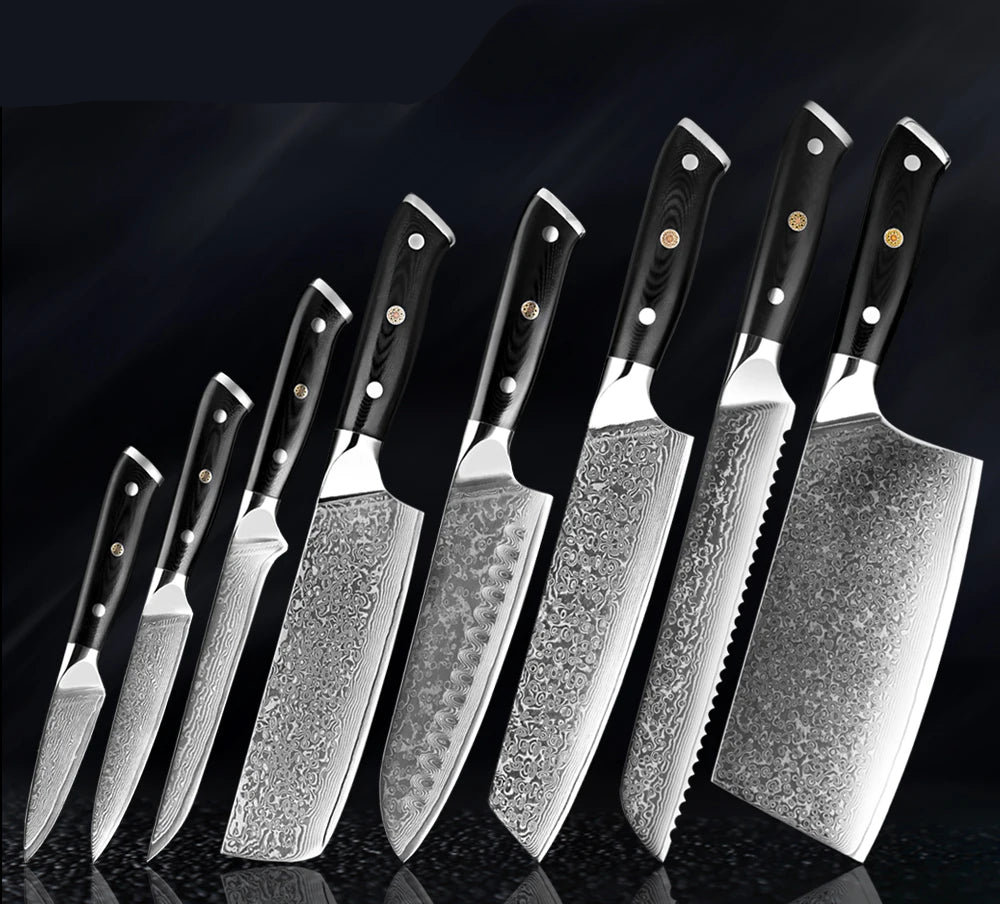 Japanese 8-Piece Damascus Steel Kitchen Knife Set with Ergonomic Handle