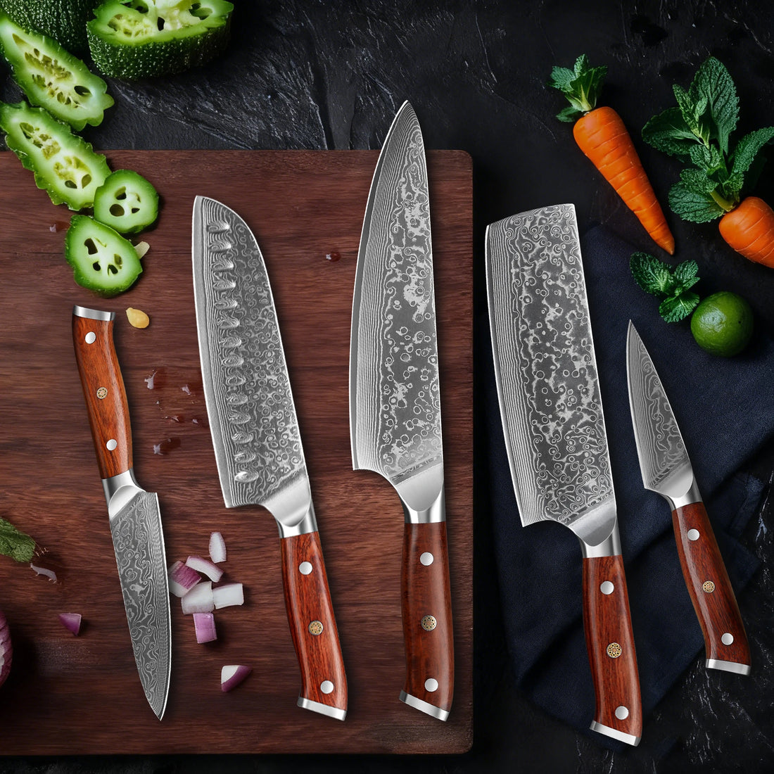 Japanese Knife Set - 7PCS VG10 Damascus Steel with Rosewood Handles
