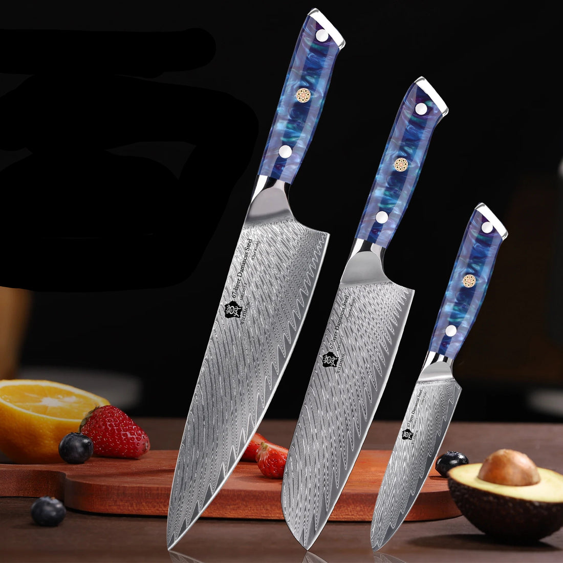 WILDMOK Japanese Knife Set - 3 Pcs Damascus VG10 Steel Chef Knives