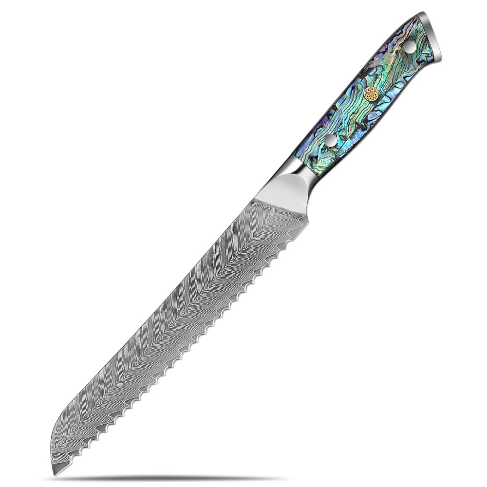 Japanese Knife Set - Damascus Steel Chef, Cleaver & Boning Knives with Abalone Shell Handle