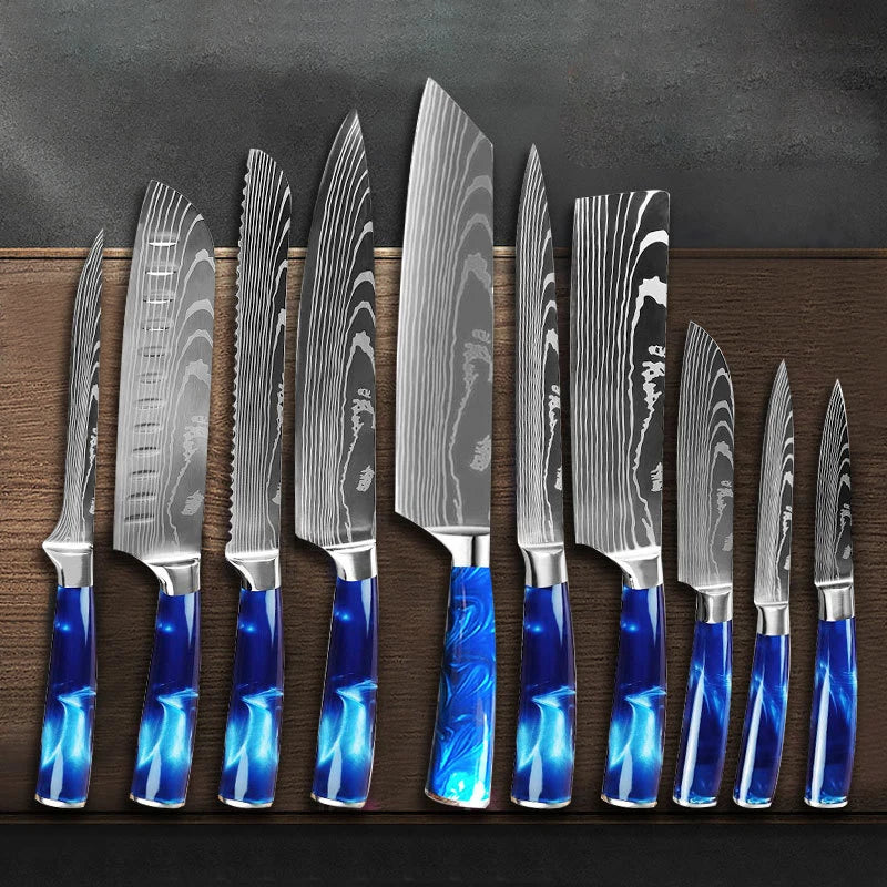 Japanese Santoku Knife Set - 10-Piece Damascus Pattern Kitchen Knives
